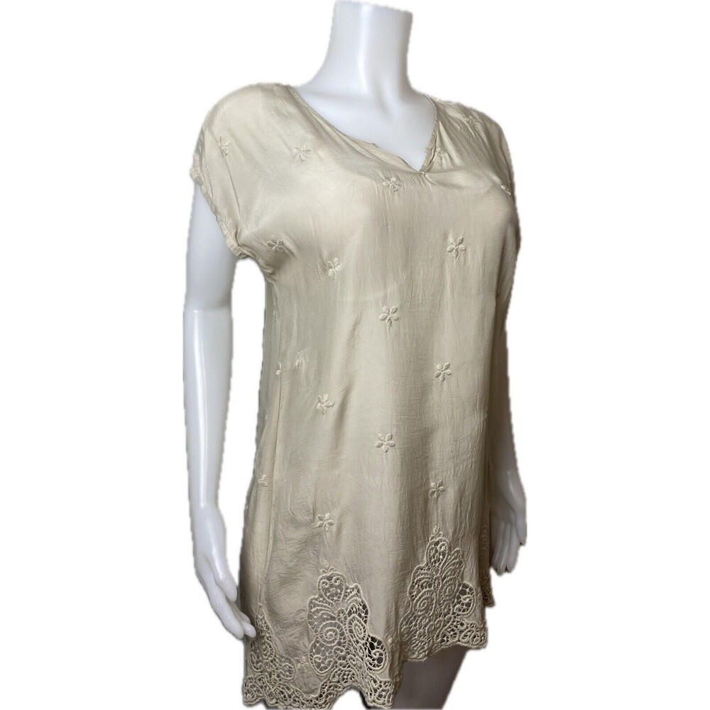 F. Johnny Was Tunic S Embroidered Beige Blouse Cap Sleeve V Neck